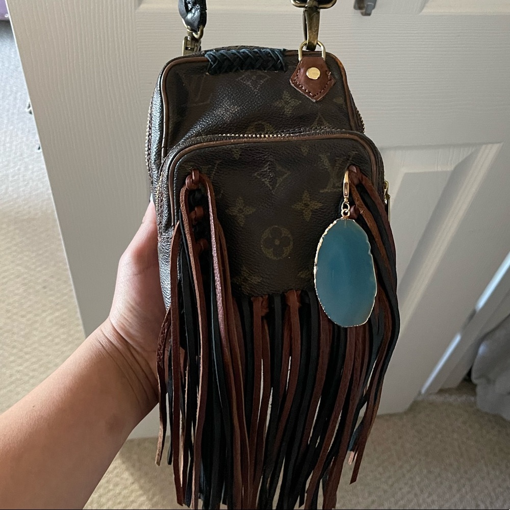 Louis Vuitton Brown Fringe Crossbody Bag with Blue Charm